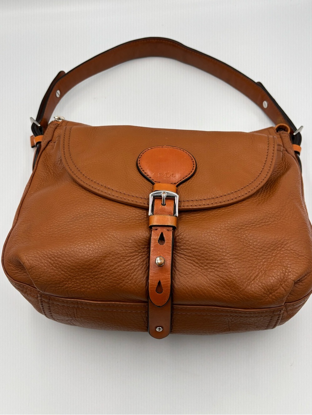 Lauren Ralph Lauren LRL Brown Pebbled Leather Shoulder Bag Buckle Flap - Picture 3 of 12